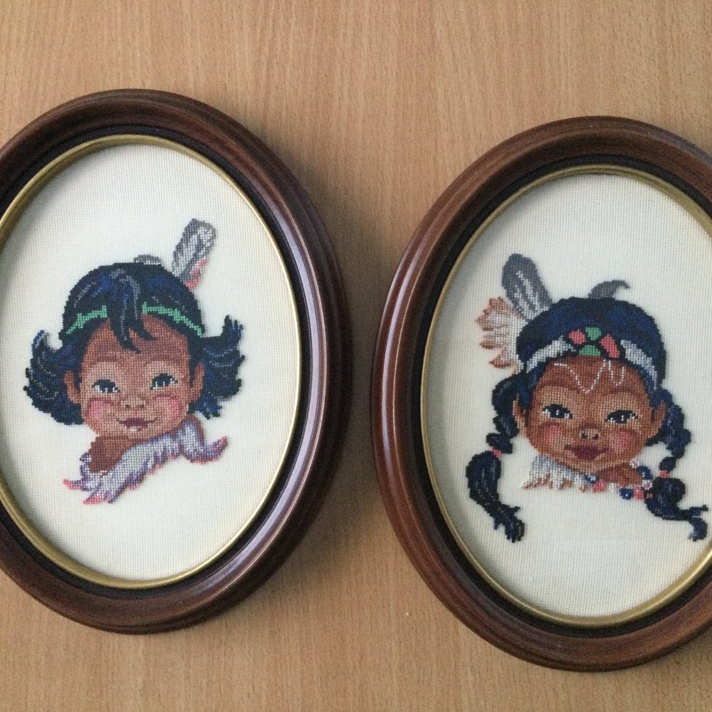 2 Vintage Framed petit point needlework embroidery wall hanging native children